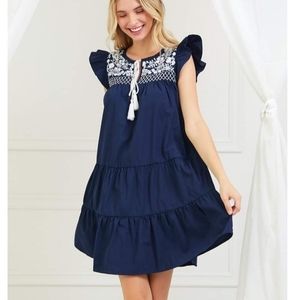 L Love Tiered Ruffle Embroidered Peasant Poppy Dress Size Small Blue